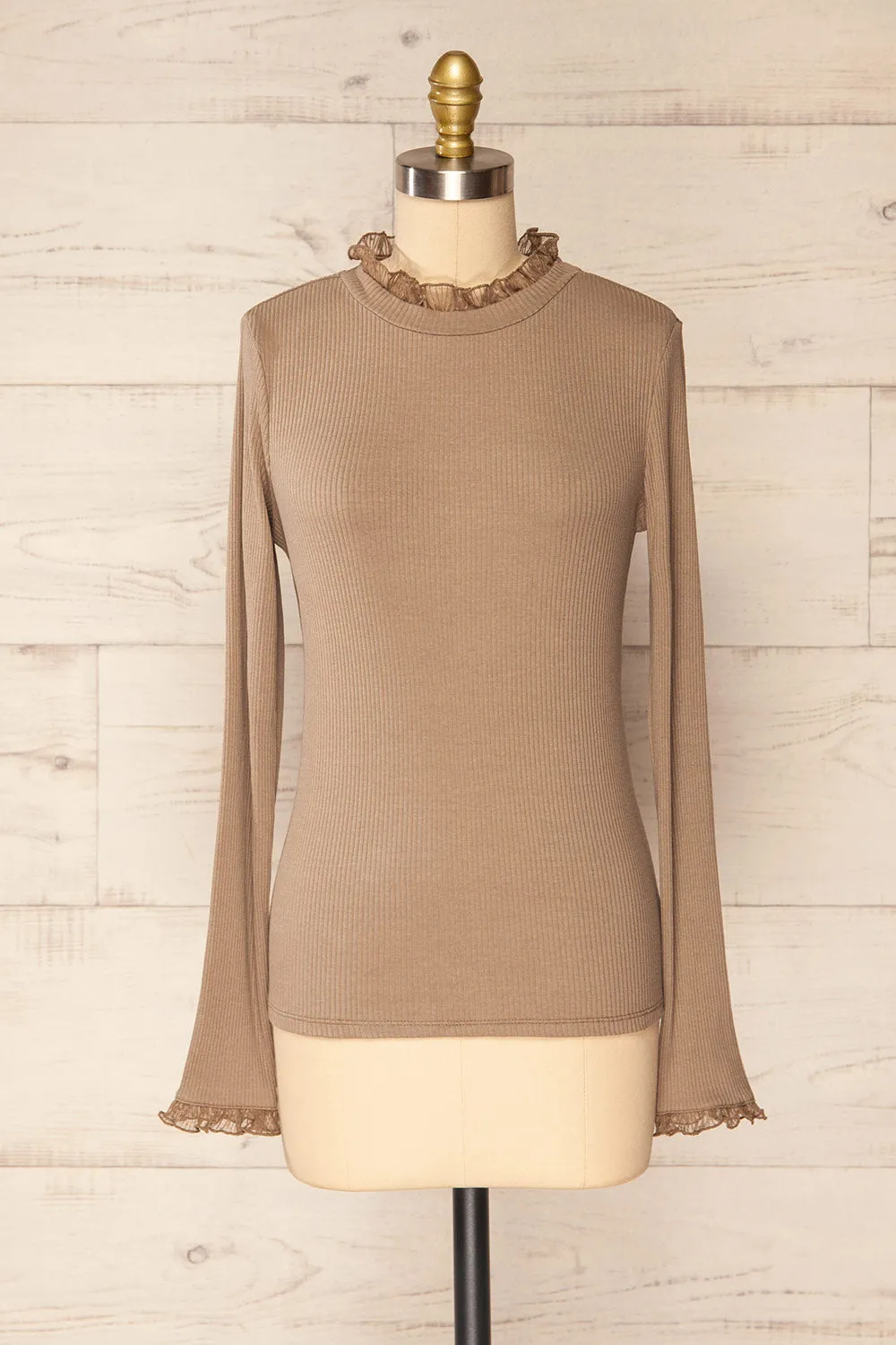 Yaline Taupe | Ribbed Top w/ Ruffled Collar