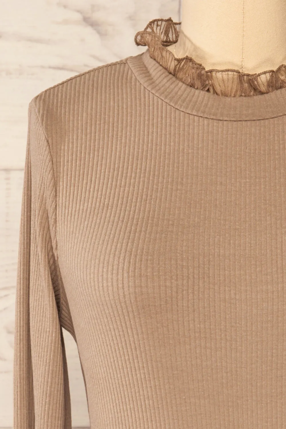 Yaline Taupe | Ribbed Top w/ Ruffled Collar