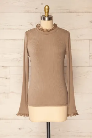 Yaline Taupe | Ribbed Top w/ Ruffled Collar