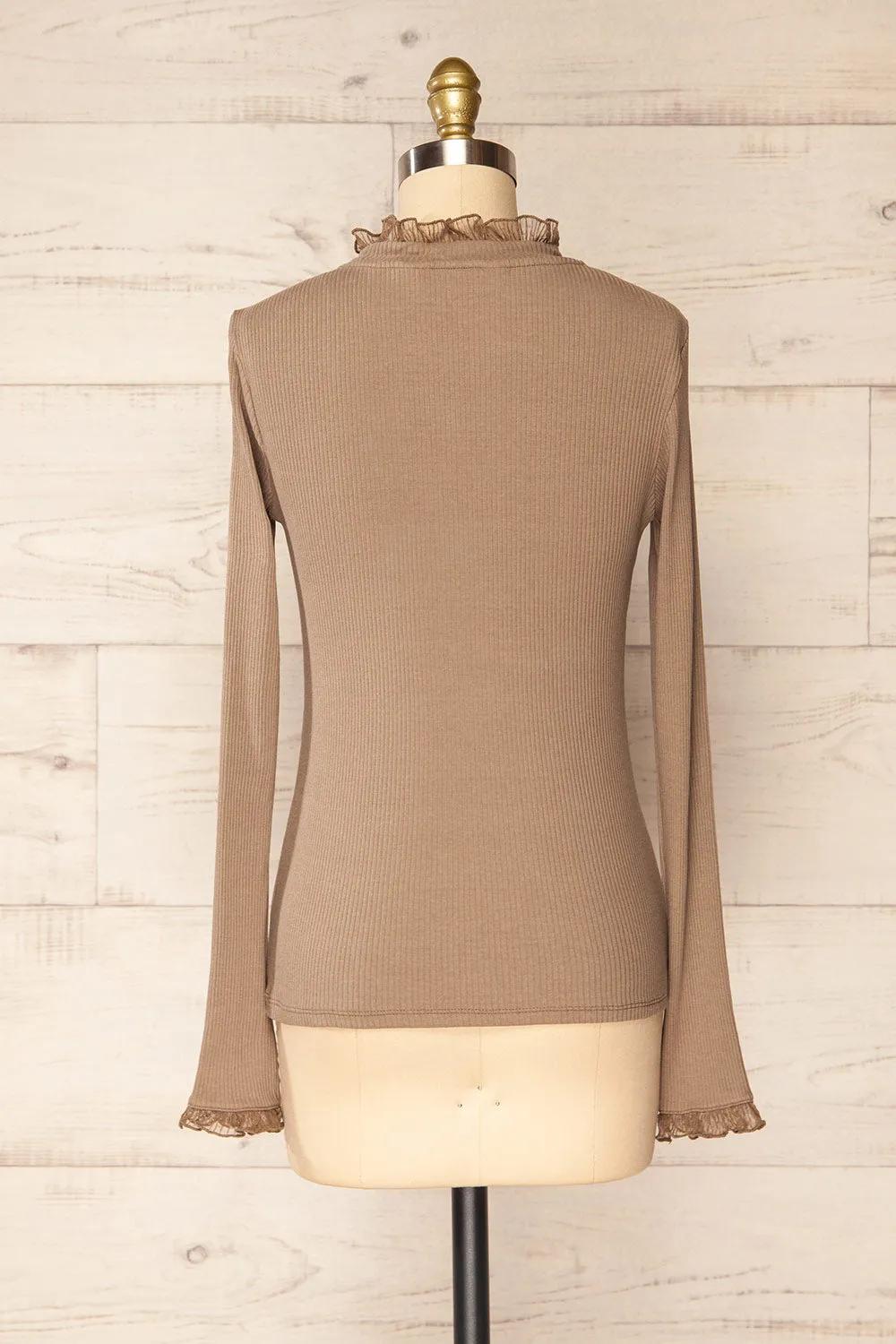Yaline Taupe | Ribbed Top w/ Ruffled Collar