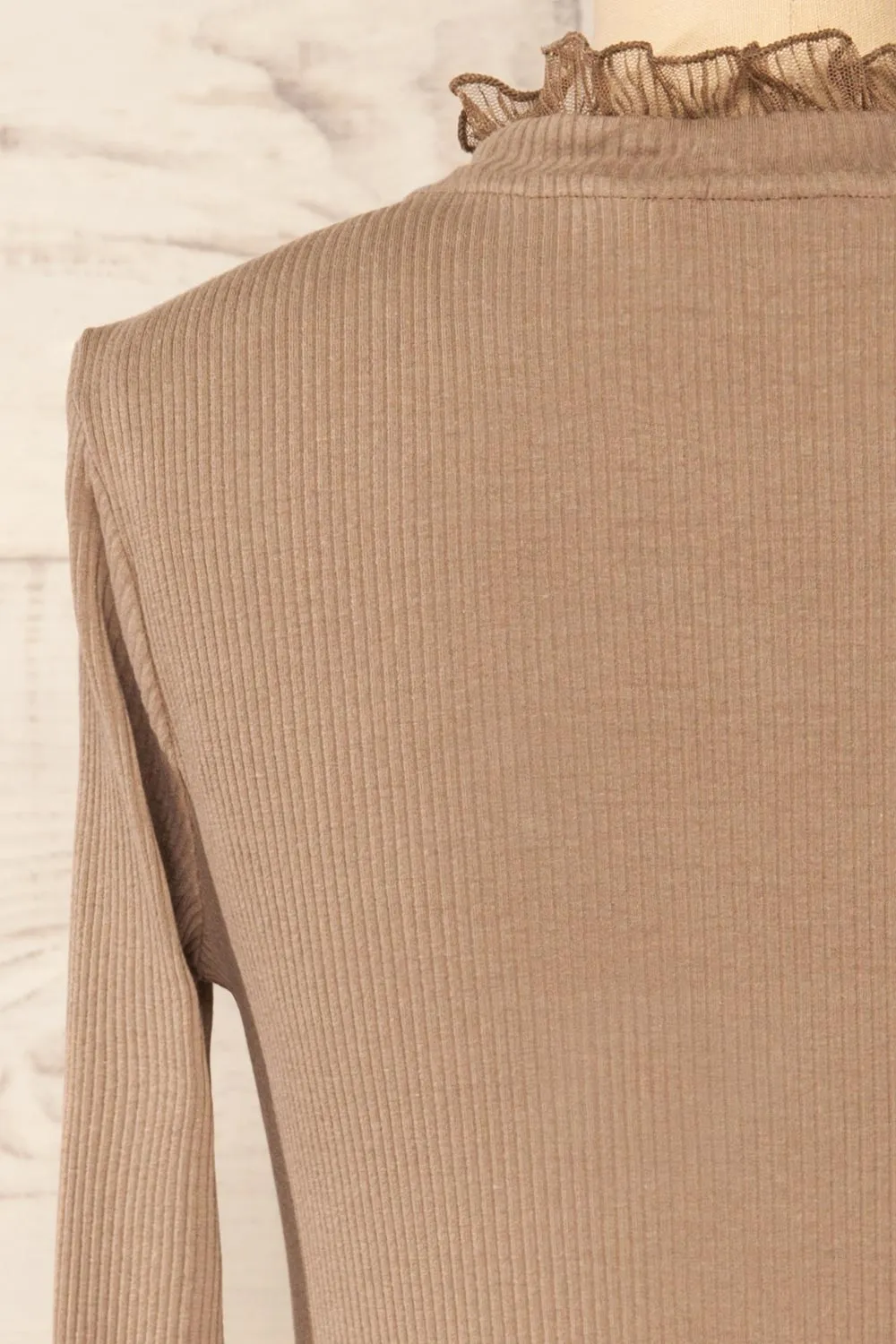 Yaline Taupe | Ribbed Top w/ Ruffled Collar