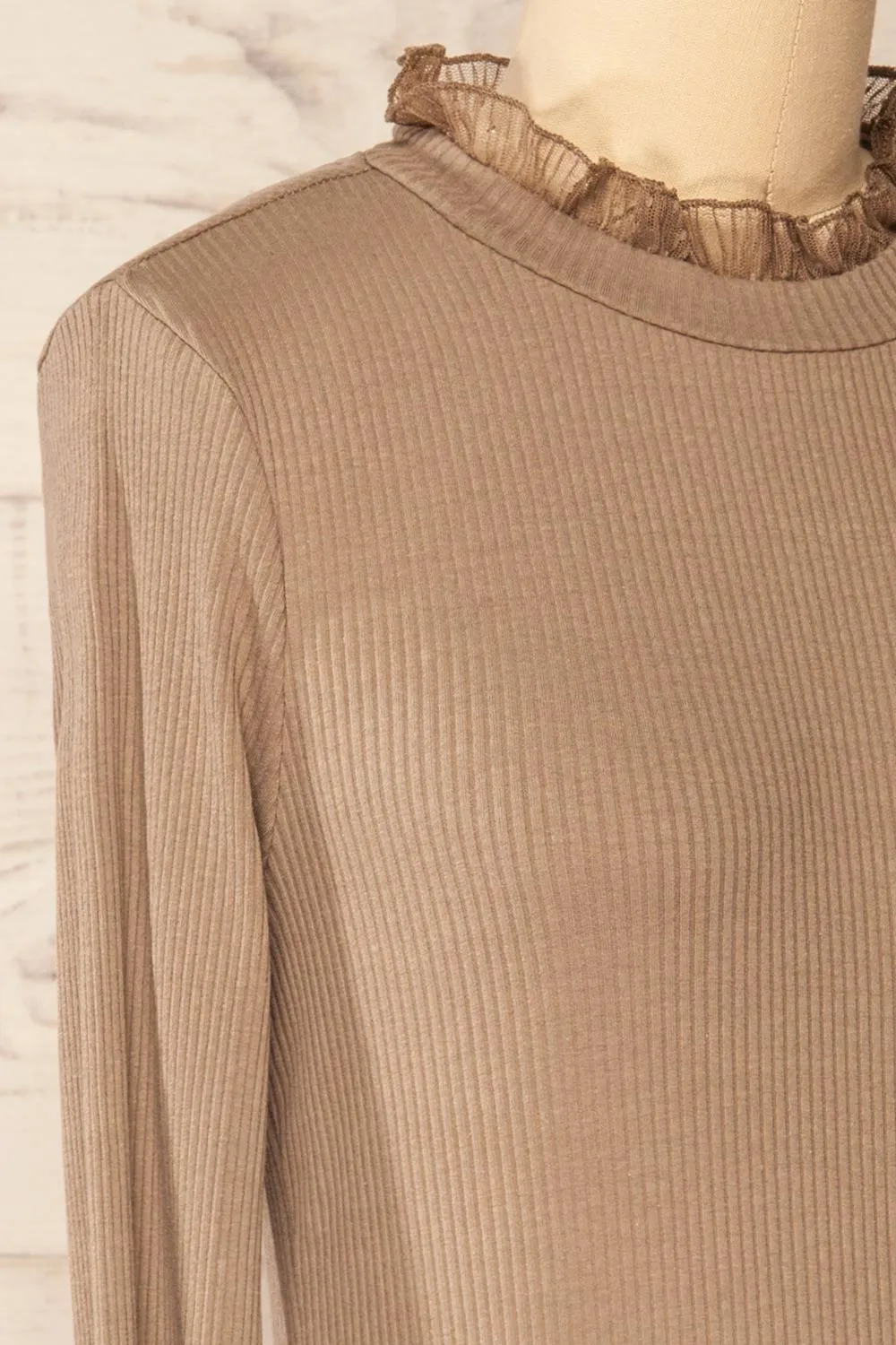 Yaline Taupe | Ribbed Top w/ Ruffled Collar