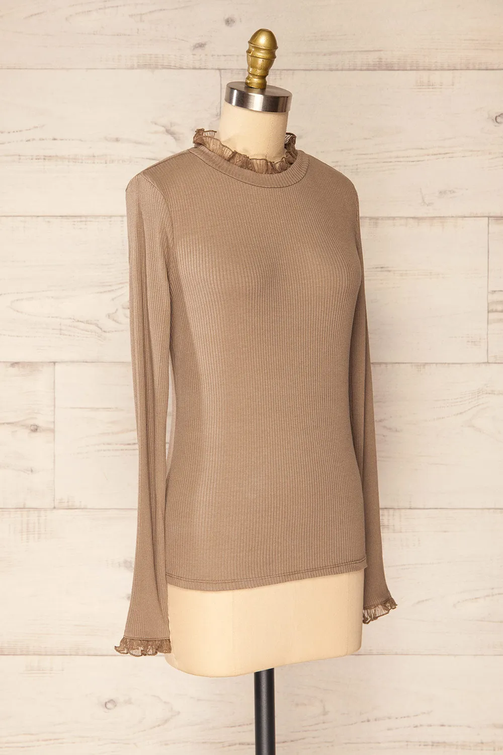 Yaline Taupe | Ribbed Top w/ Ruffled Collar