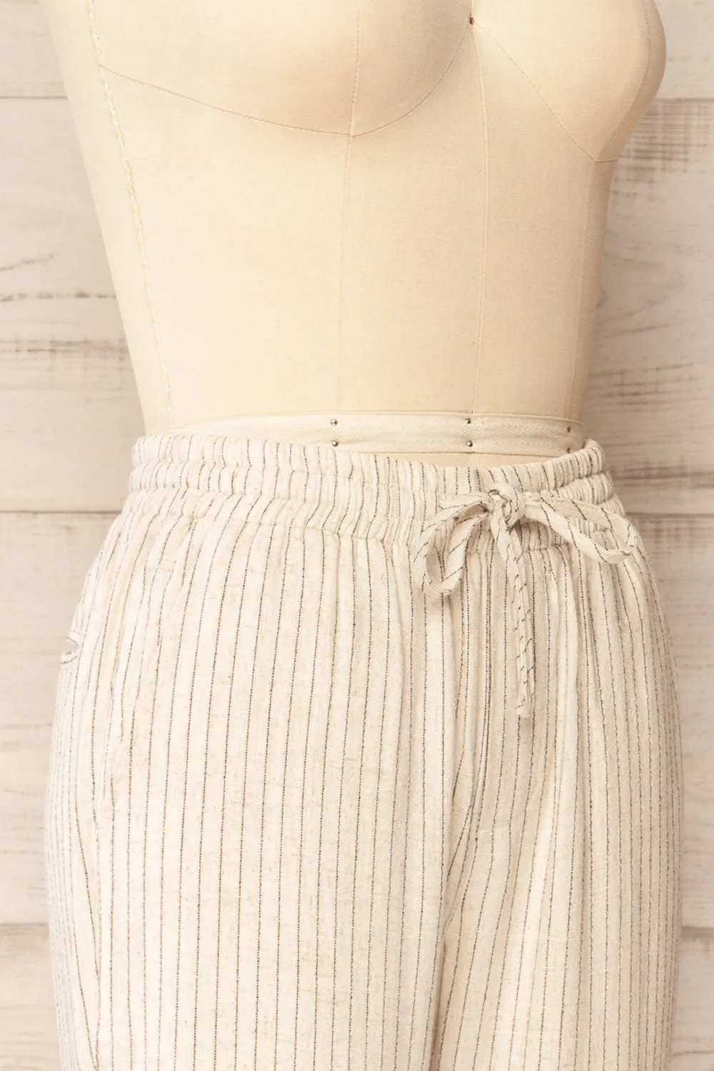 Yecal | Beige Striped Linen Pants