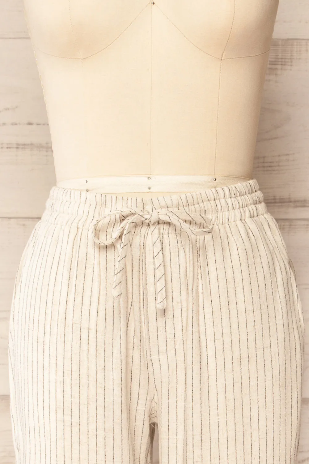 Yecal | Beige Striped Linen Pants