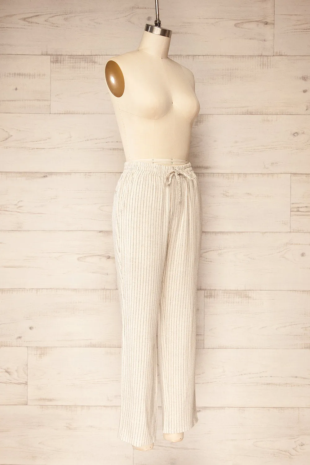 Yecal | Beige Striped Linen Pants