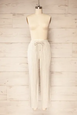 Yecal | Beige Striped Linen Pants