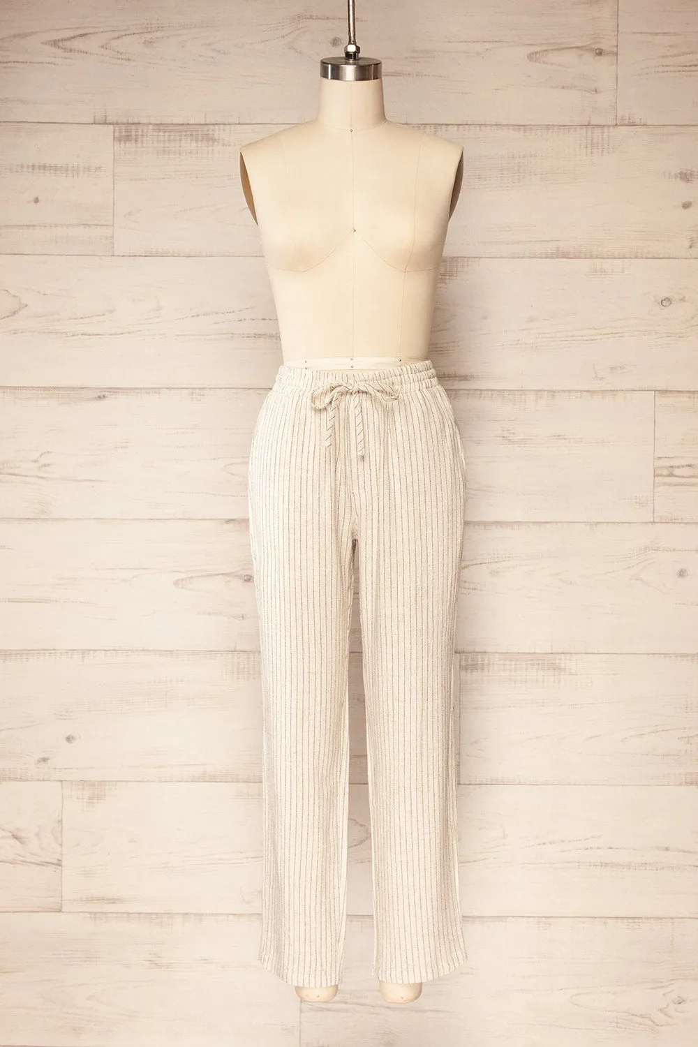 Yecal | Beige Striped Linen Pants