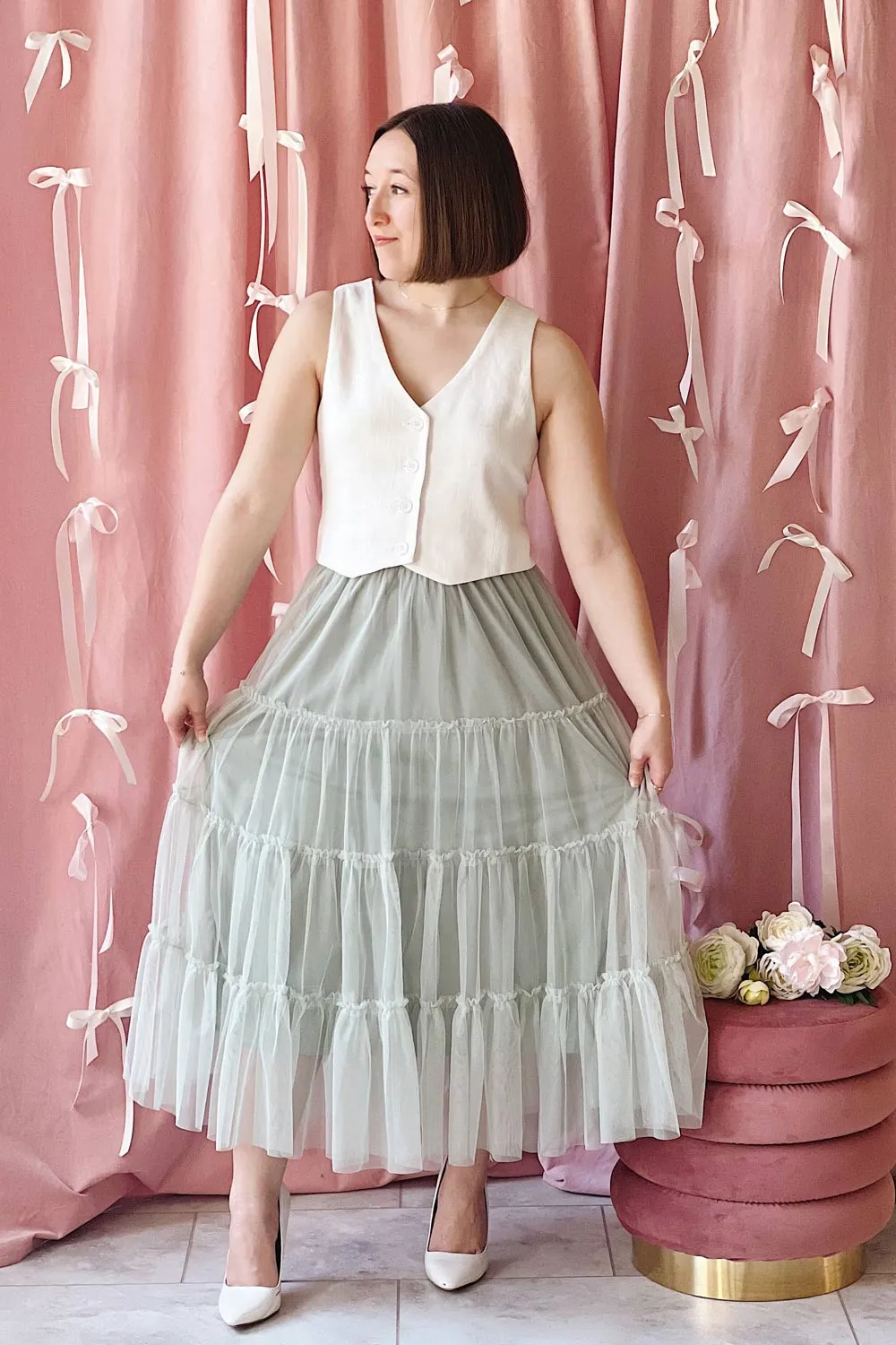 Yotsuba Sage | Tiered Tulle Midi Skirt