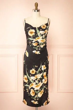 Yziah | Floral Cowl Neck Satin Midi Slip Dress