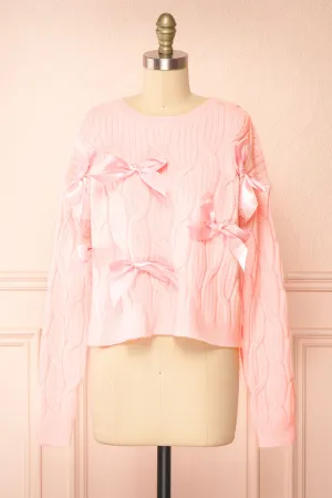 Zorane | Pink Knit Sweater w/ Satin Bows